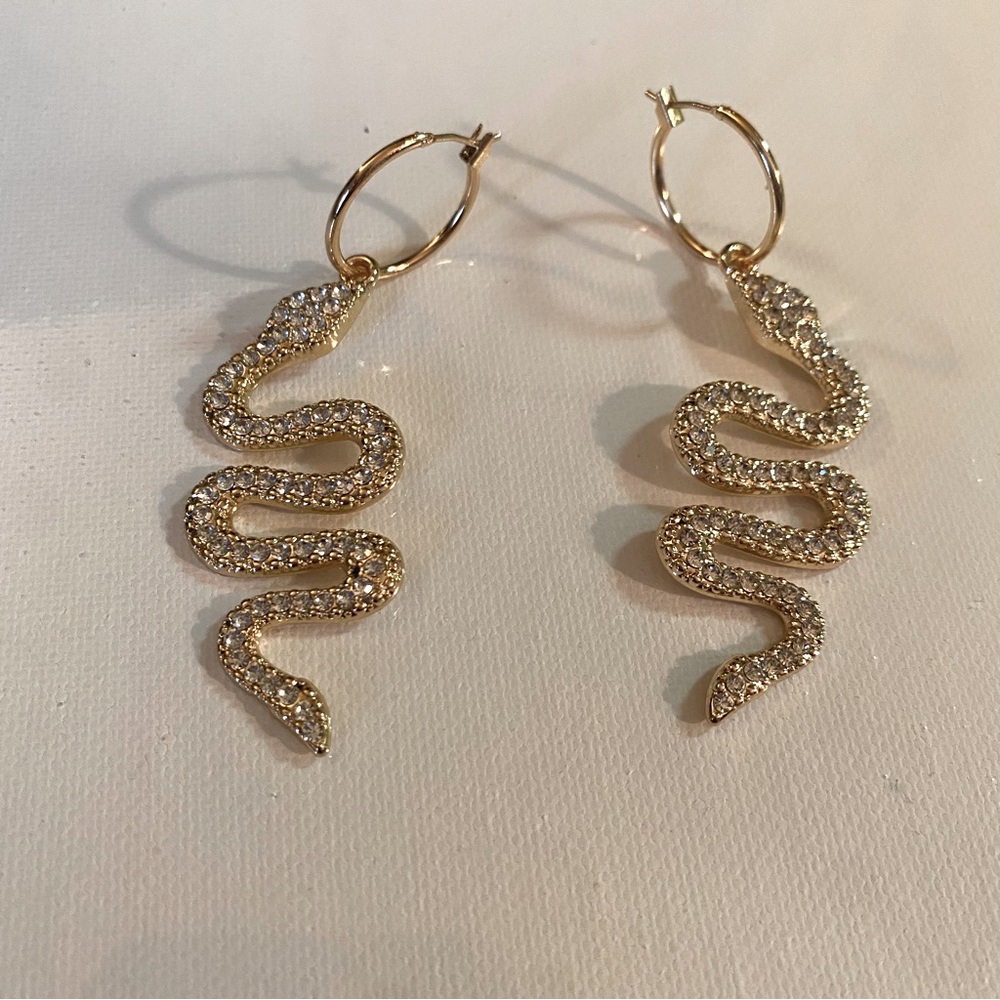 Gold Tone Dangling Rhinestone Snake Earrings